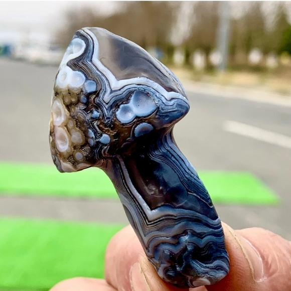 40G RARE Natural Blue Gobi Agate Eye Gemstone Hand Carved Mushroom Madagascar - Picture 9 of 13